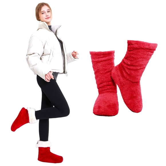 Women's Red Coral Velvet Non-Slip Indoor Warm Cozy Pull On Lined Bootie Slippers - Picture 4 of 11